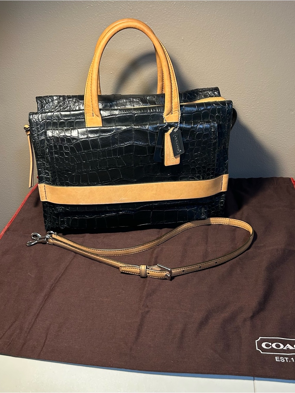 Coach Black Croc Embossed Carryall Satchel Tote Bleecker 28305 hang tags RARE